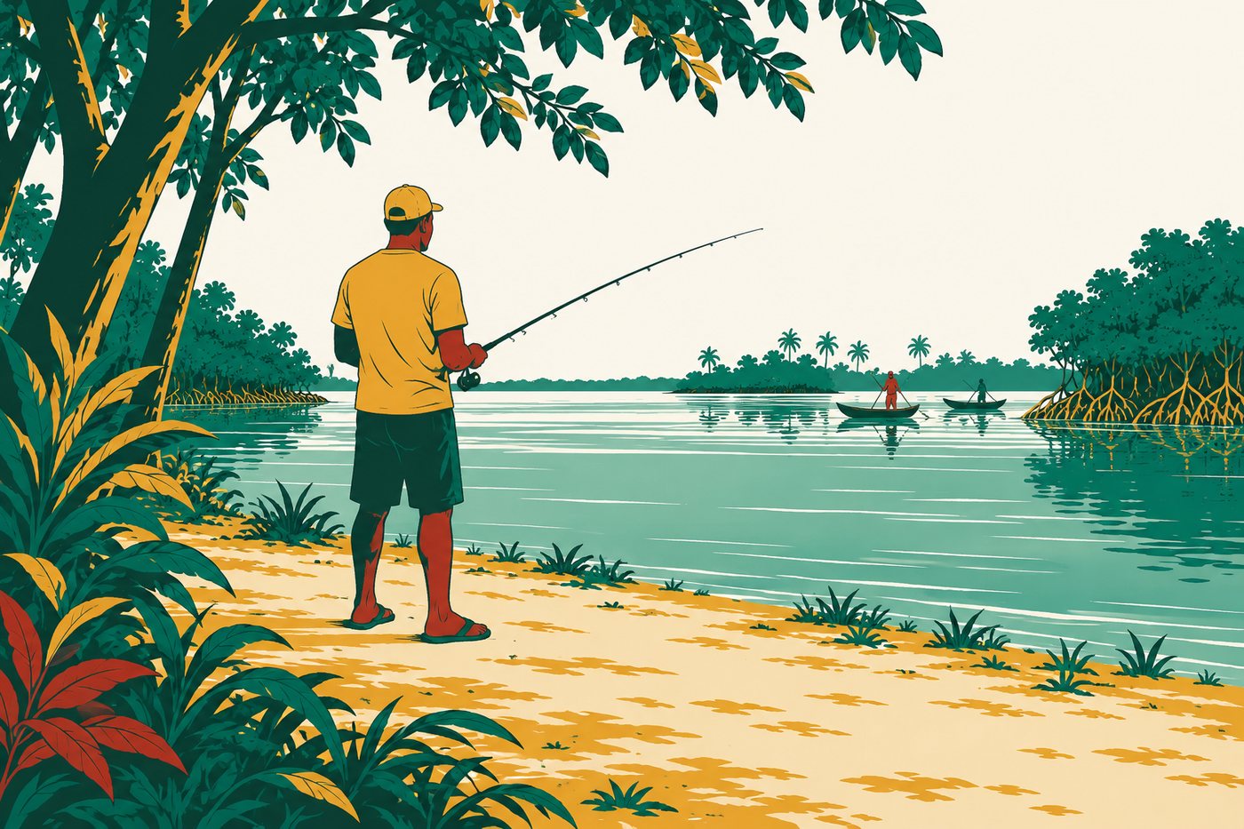 Angler on the shore of an Ivorian lagoon