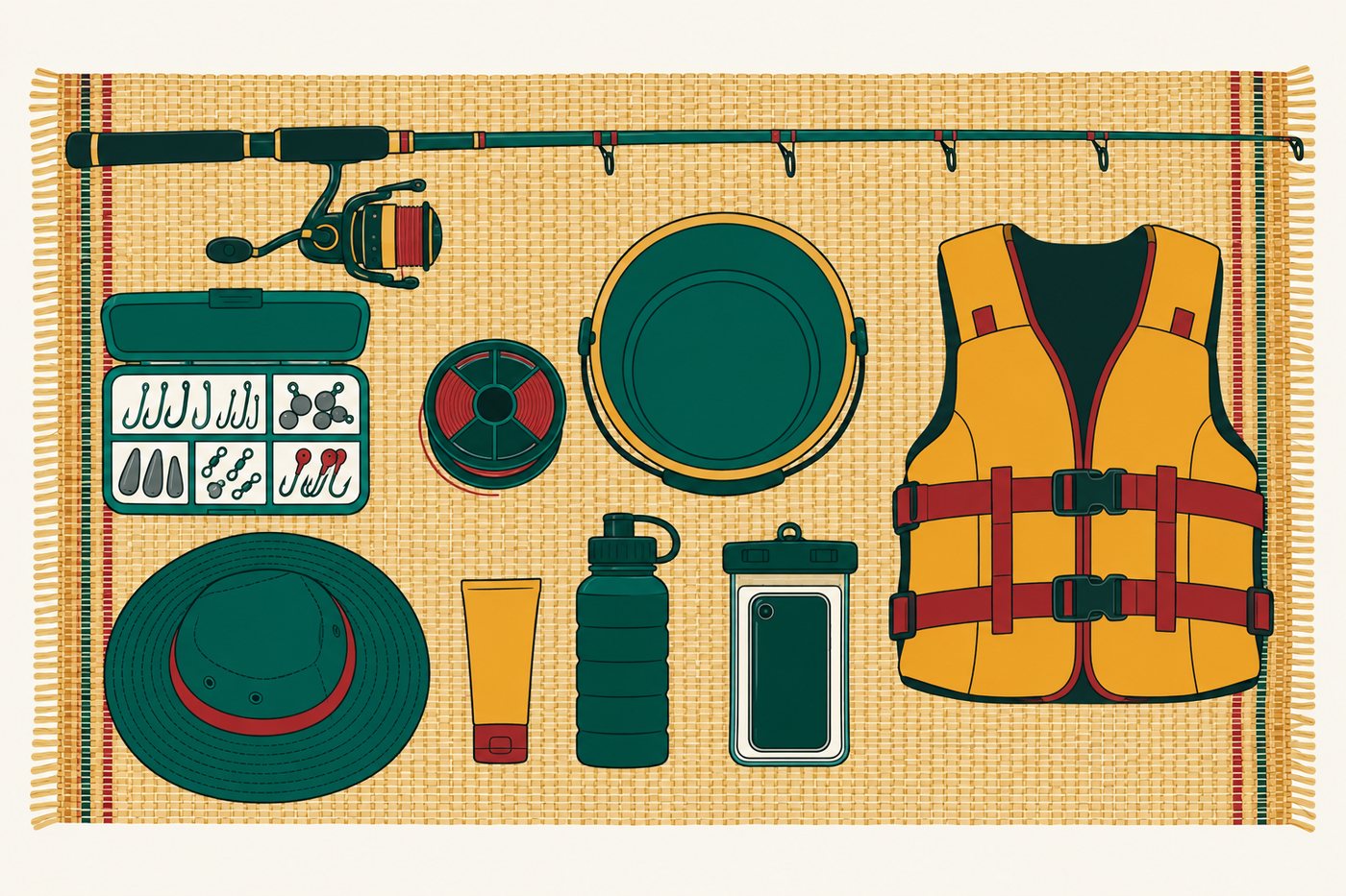 Tackle for a first fishing trip, laid out flat