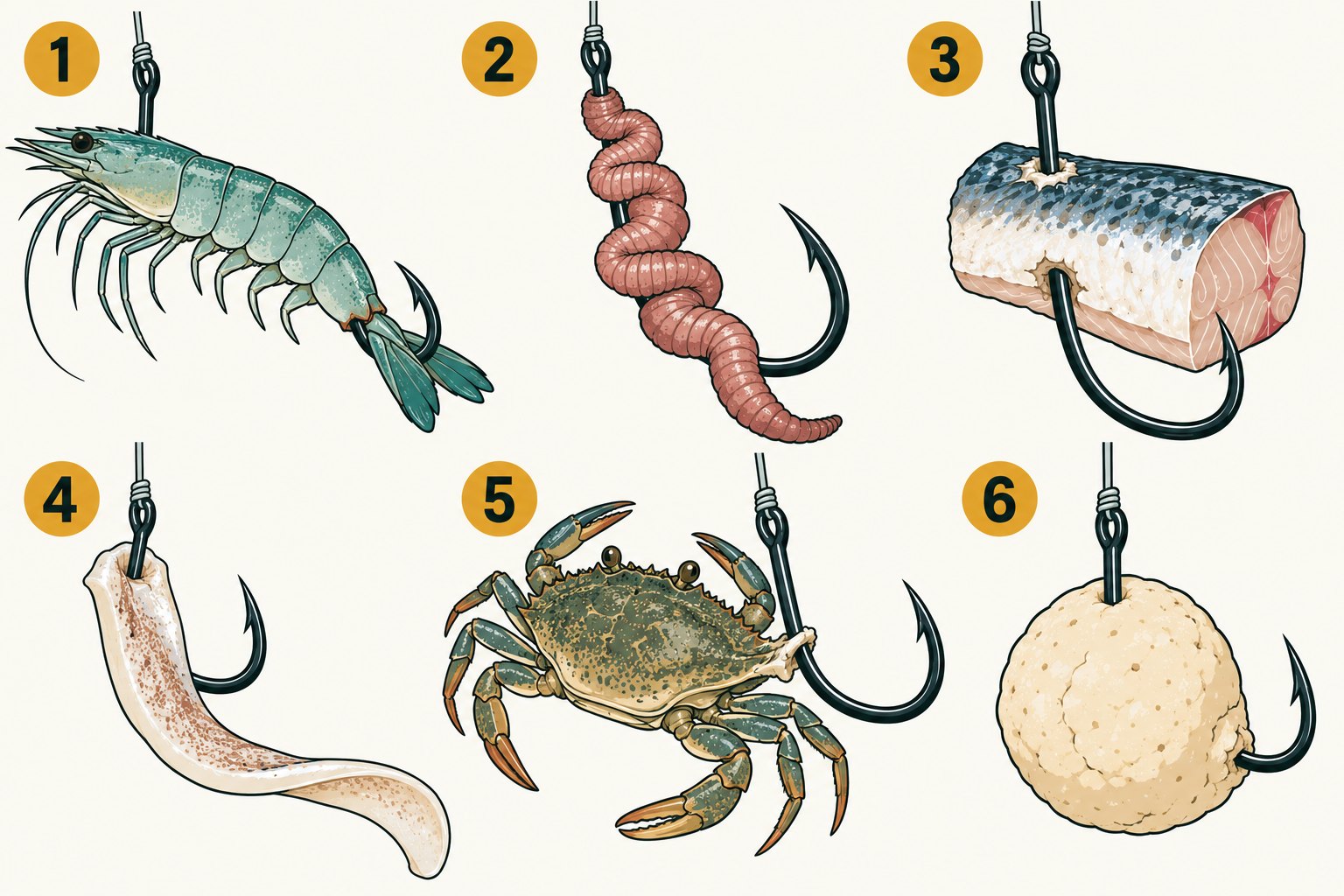 How to bait: six baits mounted on the hook
