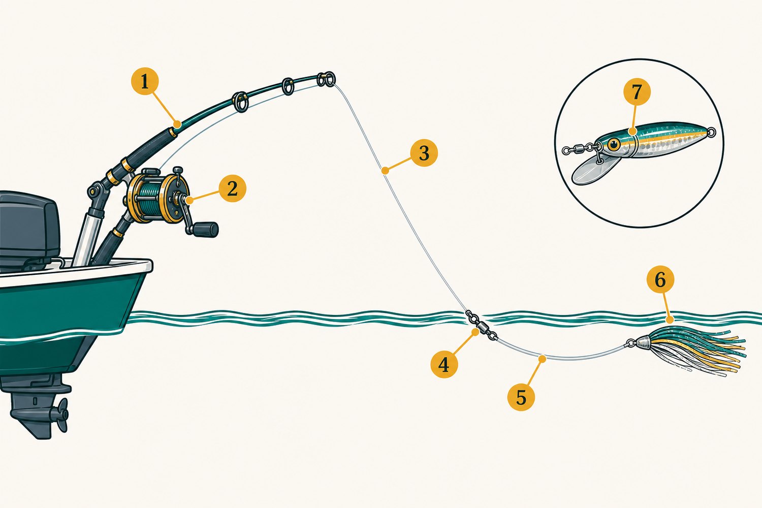 Numbered diagram: Trolling skirted lures for yellowfin tuna