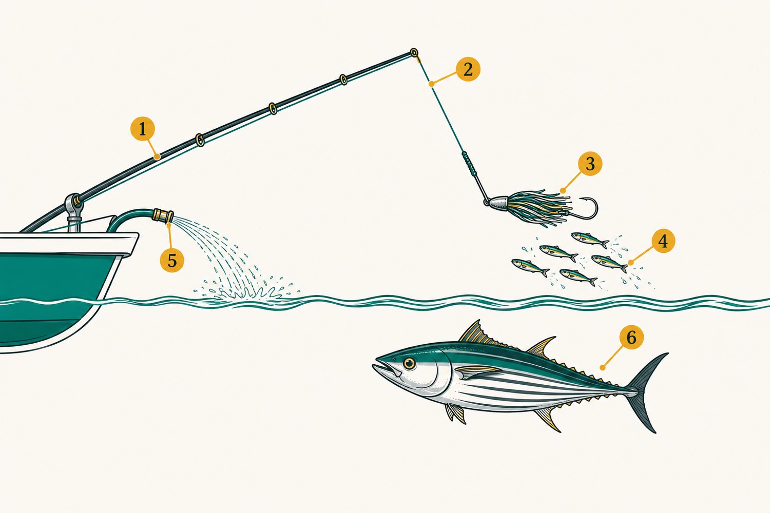 Numbered diagram: Pole-and-line with live bait for skipjack