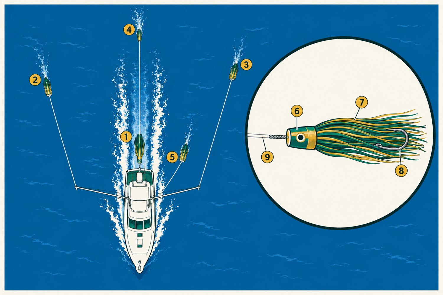 Schéma numéroté : Éventail de traîne au marlin bleu
