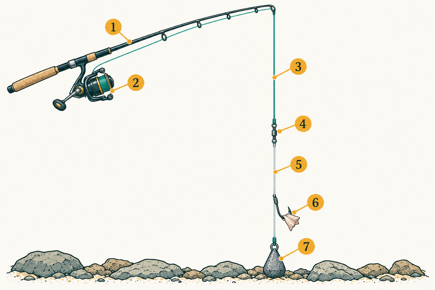 Numbered diagram: Bottom fishing for triggerfish