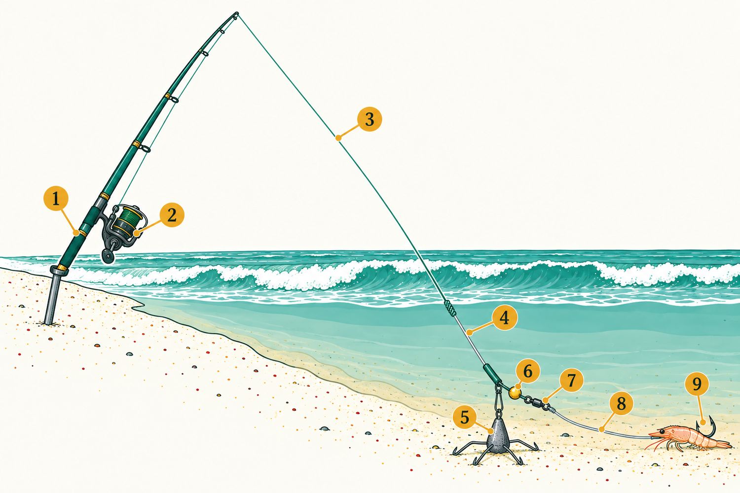 Numbered diagram: Surfcasting for large threadfin