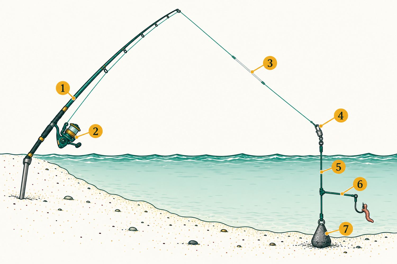 Numbered diagram: Surfcasting: paternoster rig