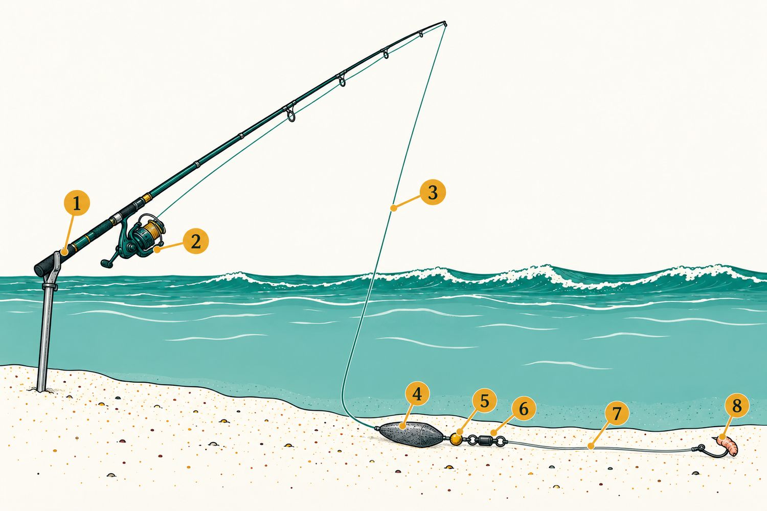 Numbered diagram: Surfcasting: running (sliding) rig