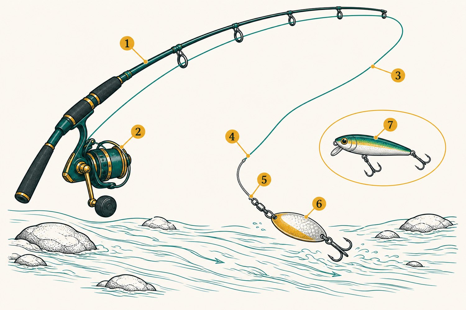 Numbered diagram: Spoon casting for tigerfish