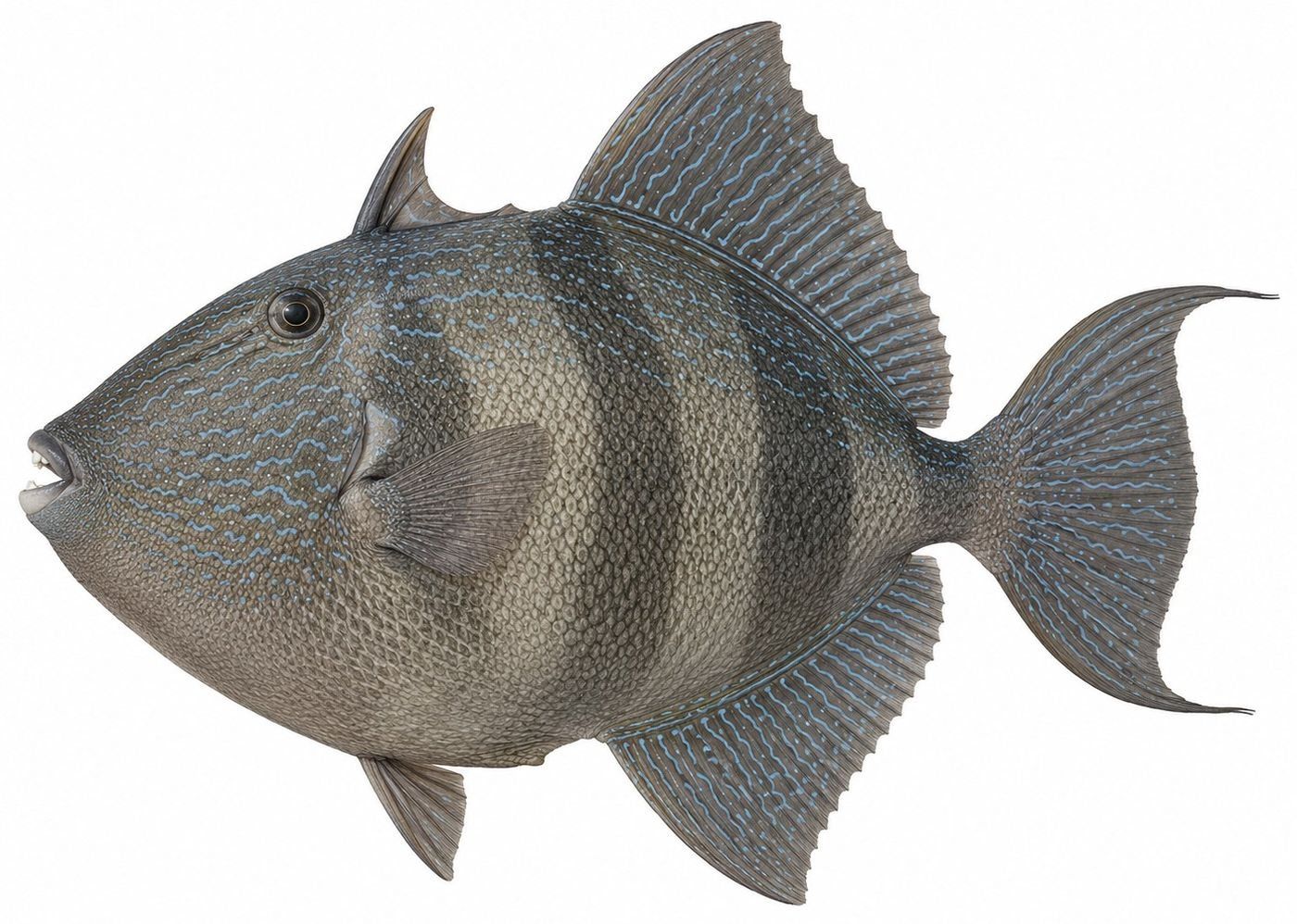 Identification plate: Baliste cabri (Grey triggerfish)
